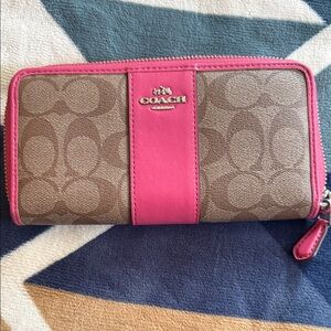 Coach Pink and Brown Zip-Around Wallet